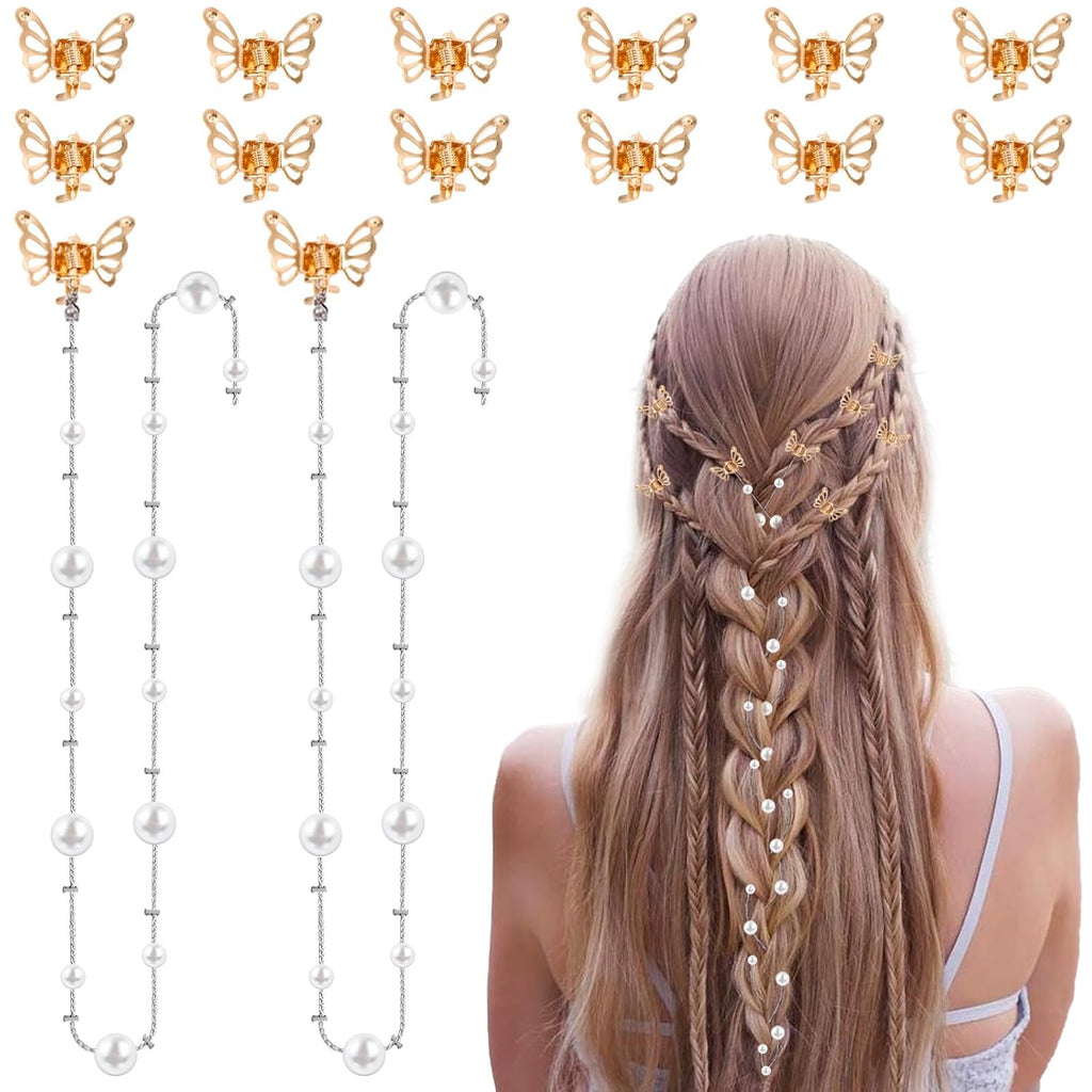 14Pcs Butterfly Hair Clips for Women & Girls, Gold Tassel with Pearl Mini Metal Clips - Christmas Hair Accessories