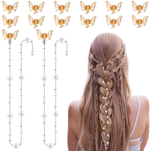 14Pcs Butterfly Hair Clips for Women & Girls, Gold Tassel with Pearl Mini Metal Clips - Christmas Hair Accessories
