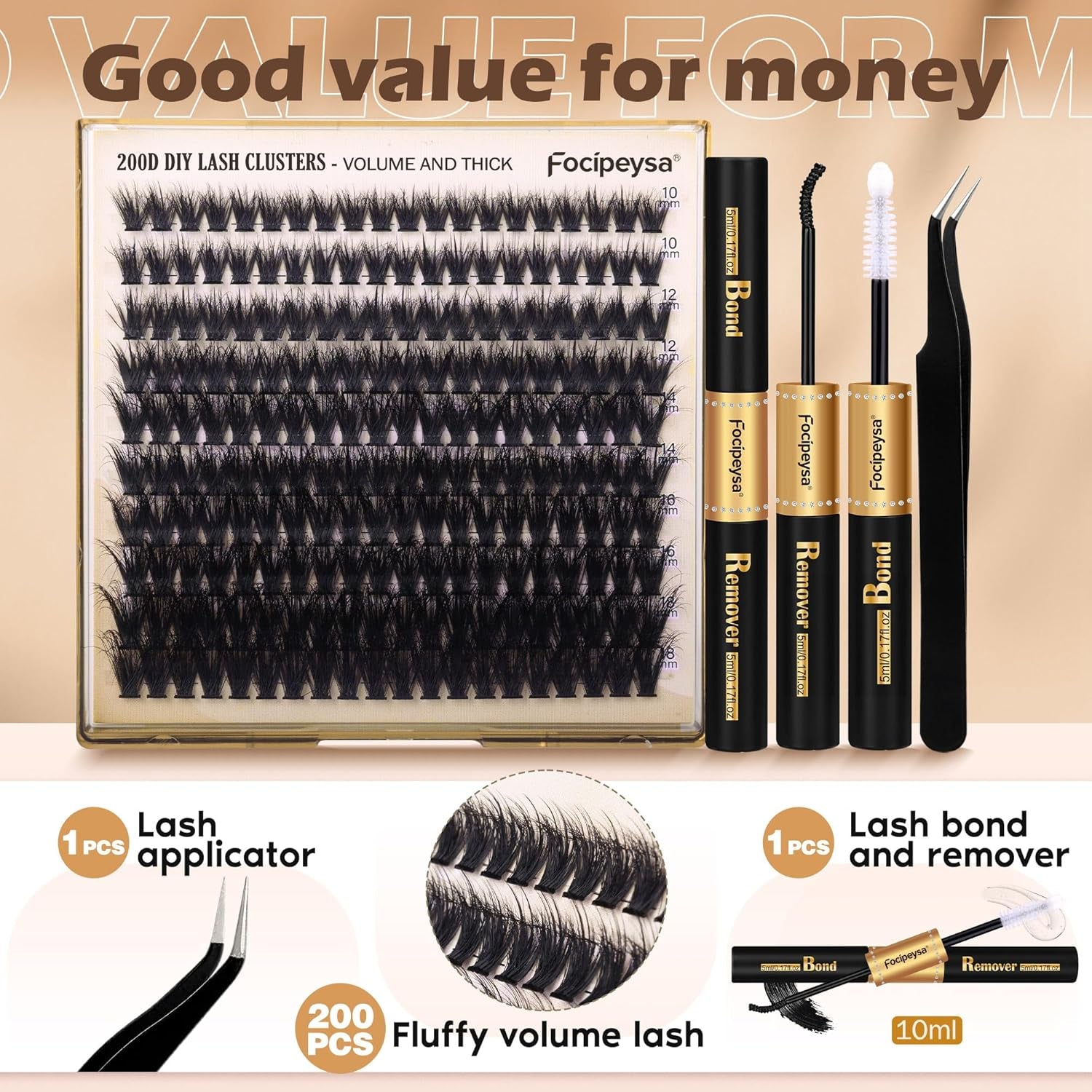 Lash Extension Kit Thick Eyelash Extension Kit 10-18Mm Fluff Volume Lash Clusters 200D Individual Eyelashes Kit with Lashes Bond, Lashes Remover, Lash Tweezers, DIY Lash Extension