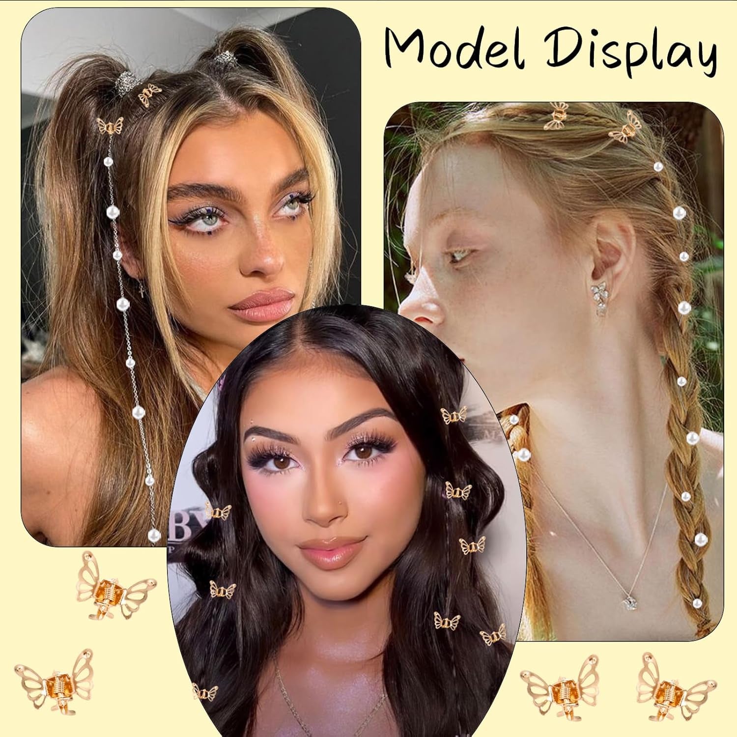 14Pcs Butterfly Hair Clips for Women & Girls, Gold Tassel with Pearl Mini Metal Clips - Christmas Hair Accessories
