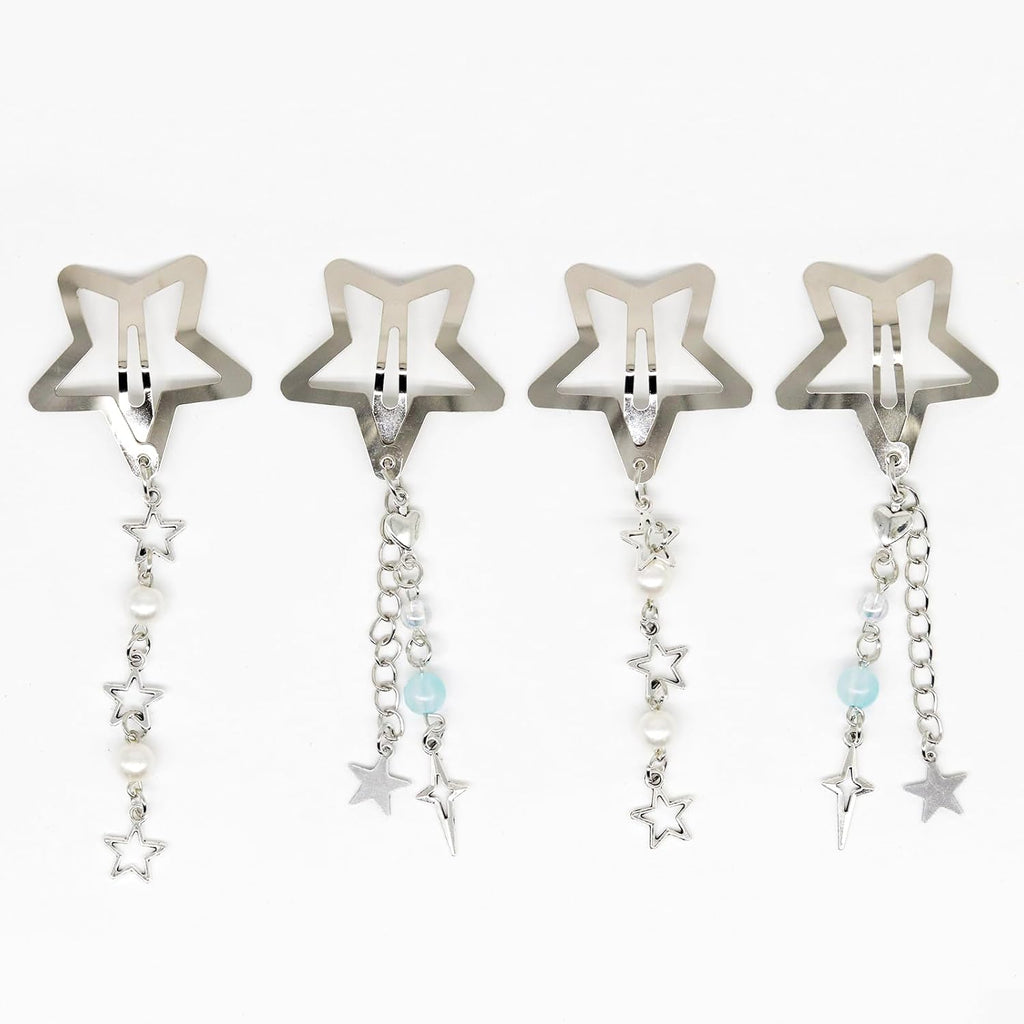 4Pcs Star Hair Clips，Y2K Silver Hair Barrettes，Cute Hair Clips Metal Star Hair Barrettes，Cute Tassel Metal Hair Pins，Hair Accessories for Women Girls Hair Styling Gift，Wedding Prom Hair Clip