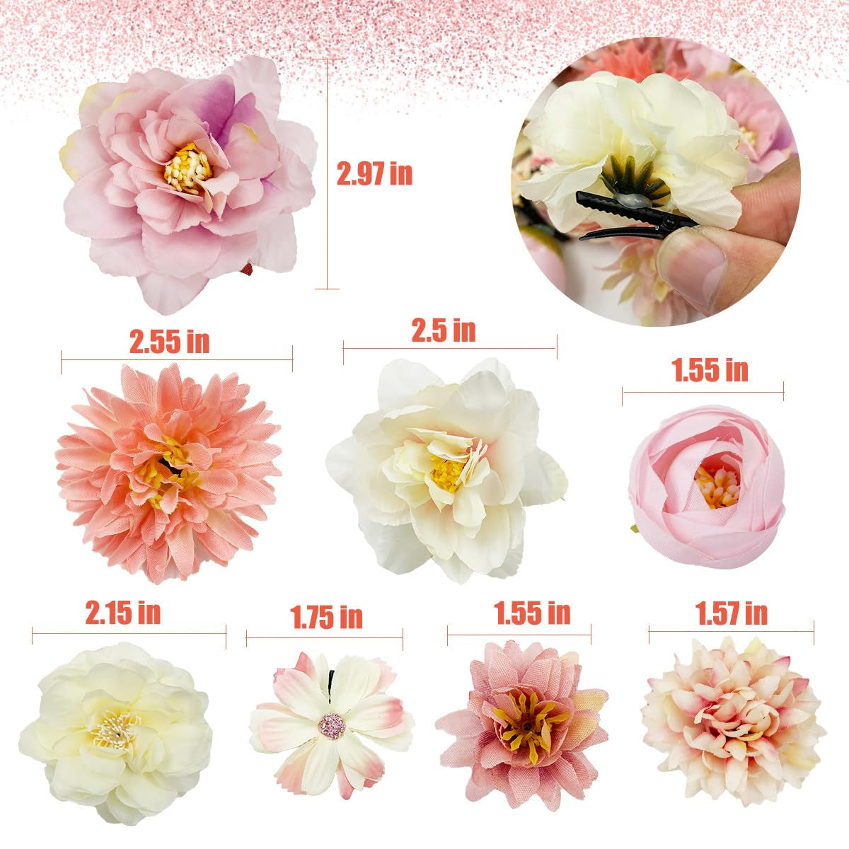 Boho Flower Hair Accessories - 21Pcs Hawaiian Artificial Rose Barrettes and Alligator Clips for Women, Wedding, Bridal Party