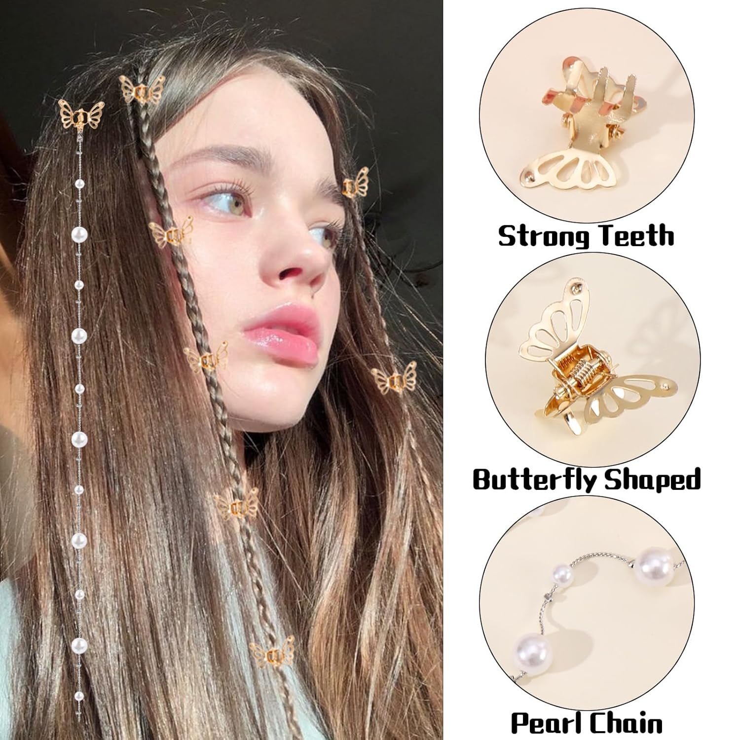 14Pcs Butterfly Hair Clips for Women & Girls, Gold Tassel with Pearl Mini Metal Clips - Christmas Hair Accessories