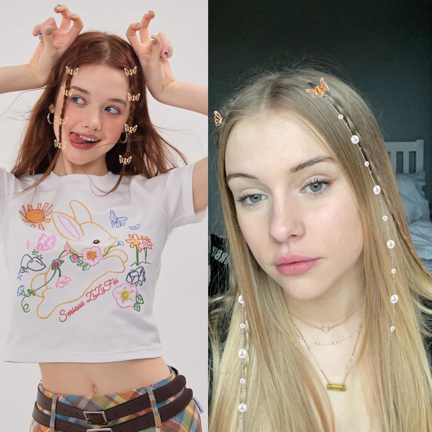 14Pcs Butterfly Hair Clips for Women & Girls, Gold Tassel with Pearl Mini Metal Clips - Christmas Hair Accessories