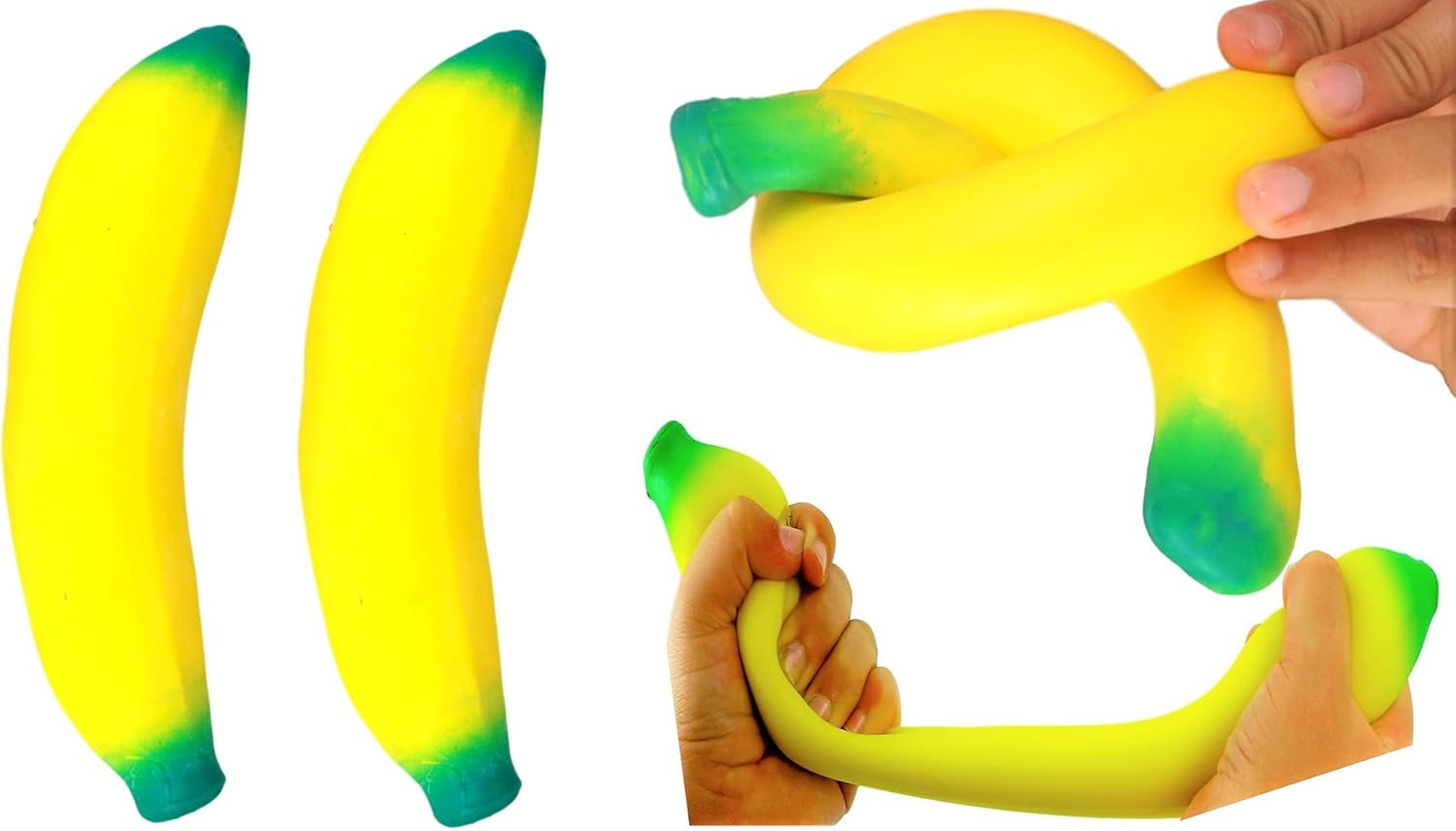Stretchy Banana Toy (2 Pack) – Sand-Filled Squishy Banana Stress Toy for Kids, Fruit Squishies, Stretchy Fidget Toy for Stress Relief, Party Favors & Goodie Bag Stuffers. 3340-2P