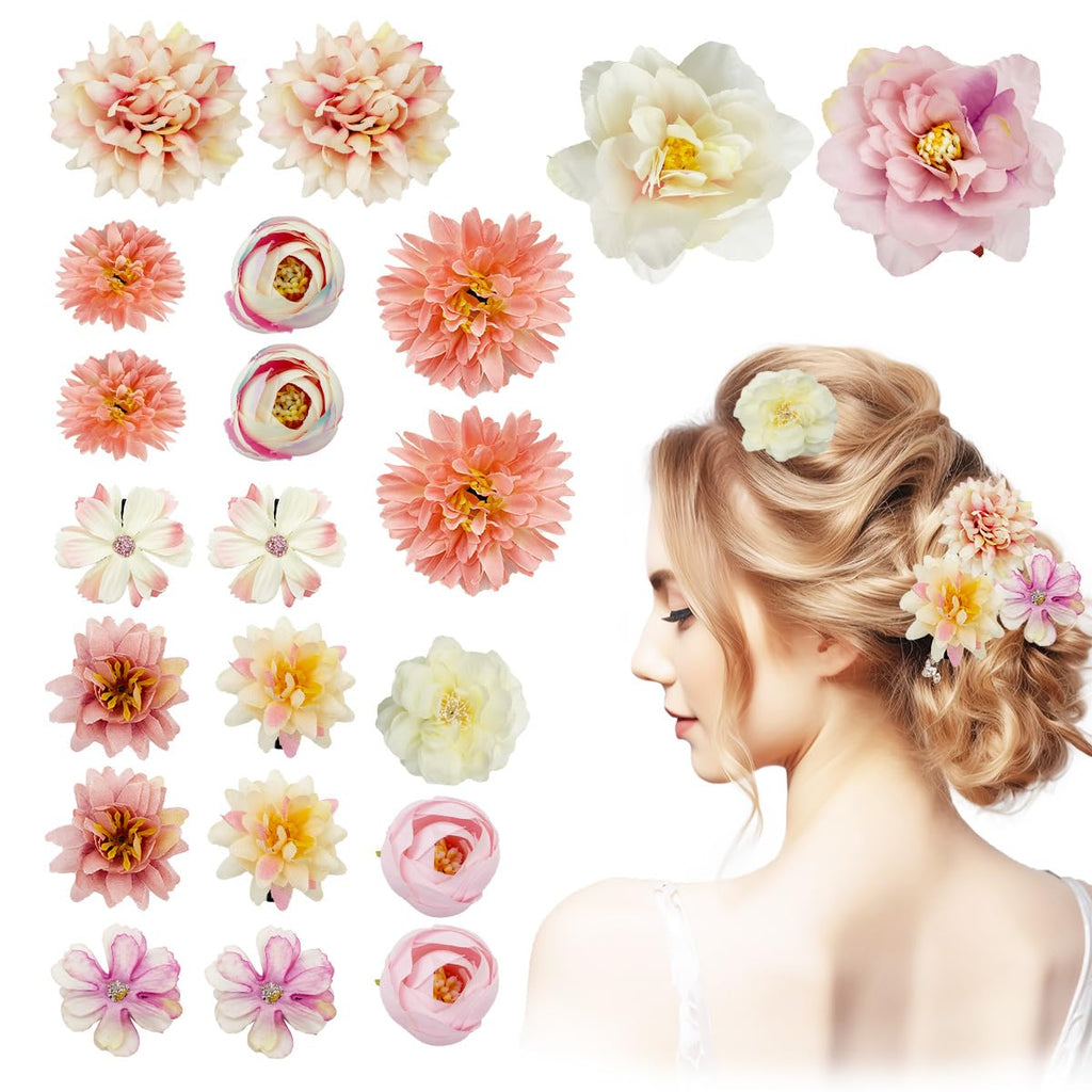 Boho Flower Hair Accessories - 21Pcs Hawaiian Artificial Rose Barrettes and Alligator Clips for Women, Wedding, Bridal Party
