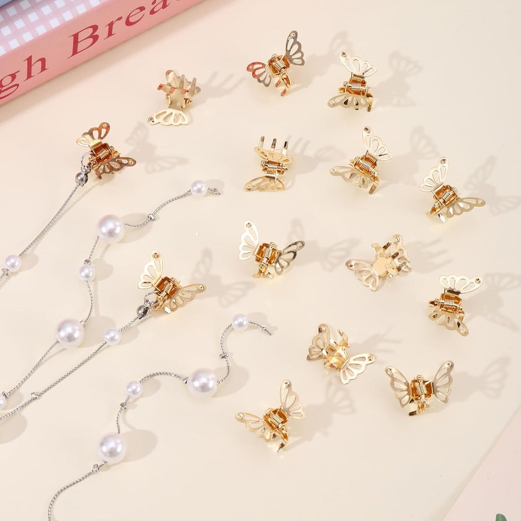 14Pcs Butterfly Hair Clips for Women & Girls, Gold Tassel with Pearl Mini Metal Clips - Christmas Hair Accessories