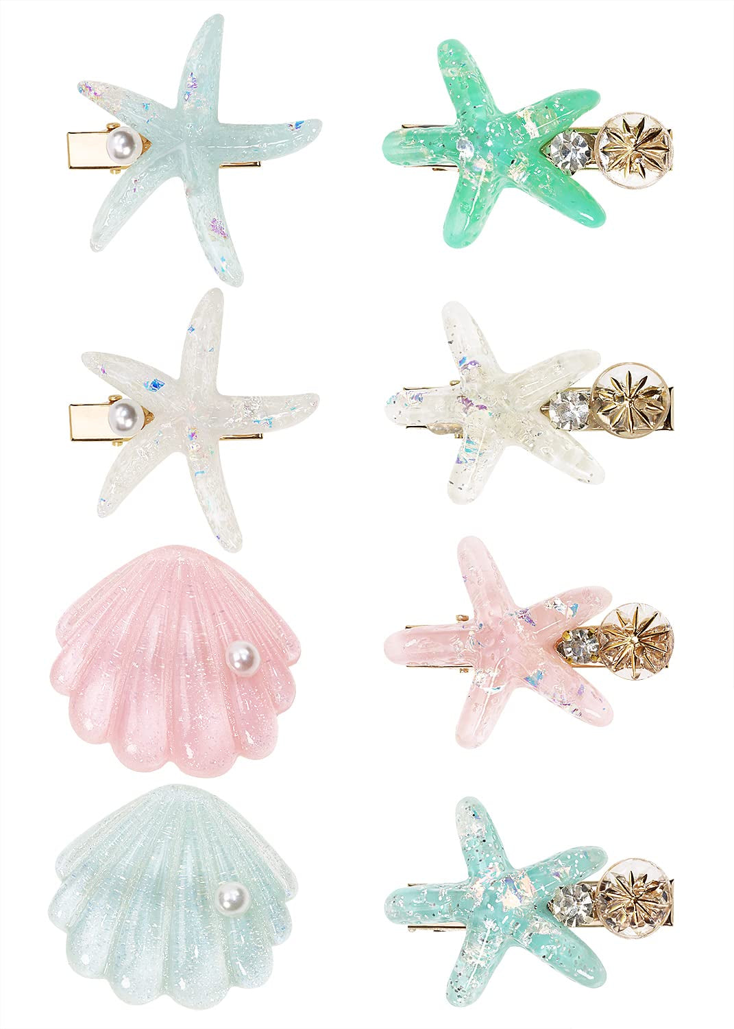 Shell Starfish Hair Clips Set  8Pcs Artificial Pearl Acrylic Resin Hair Alligator Clips Headwear Styling Tool Accessories for Women Girls Beach Wedding (Charming Style)