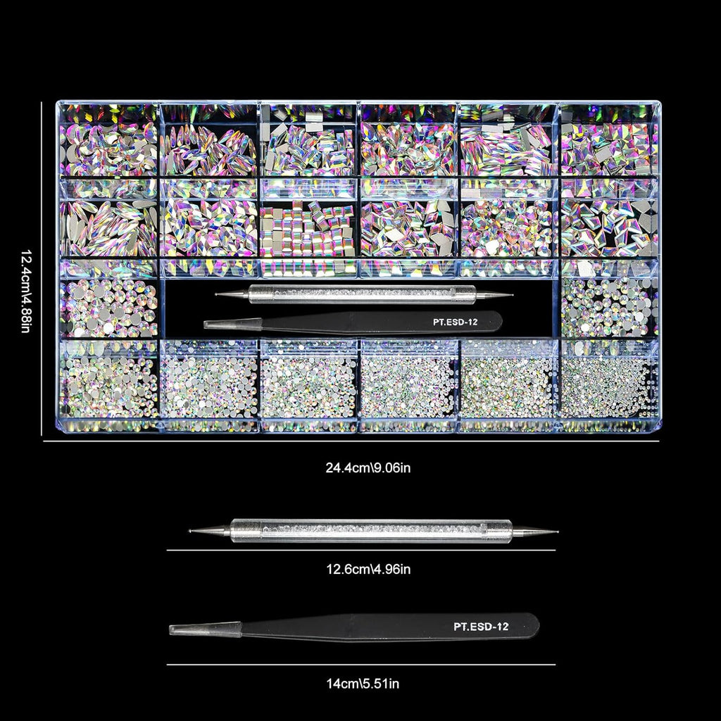 12 Types of 600 Crystal AB Diamonds + 2500 Flat Rhinestones Mix 20 Styles Flatback DIY Crafts Rhinestone Crystals 3D Ornament‌S Flat Back Stones Set + Tweezers + Drill Pen