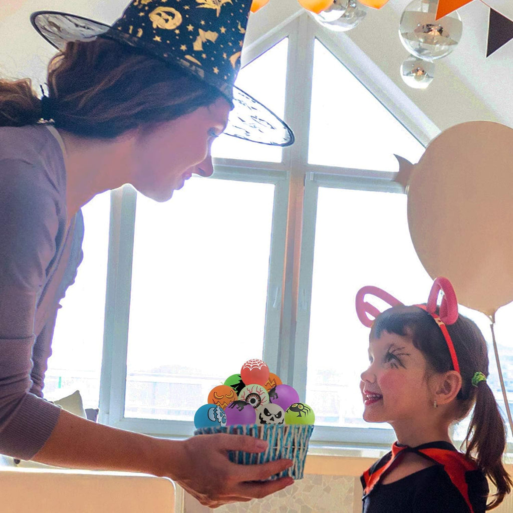 40 Glow in the Dark Bouncing Balls,Halloween Party Favors Supplies ,8 Halloween Theme Designs, Trick or Treating Goodie Bag Filler, School Classroom Game Rewards, Halloween Miniatures (With Pouch Bag)