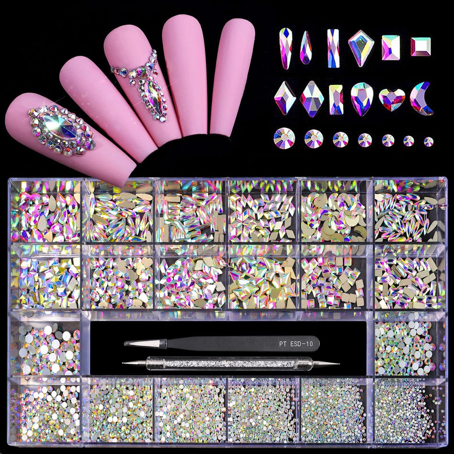 12 Types of 600 Crystal AB Diamonds + 2500 Flat Rhinestones Mix 20 Styles Flatback DIY Crafts Rhinestone Crystals 3D Ornament‌S Flat Back Stones Set + Tweezers + Drill Pen