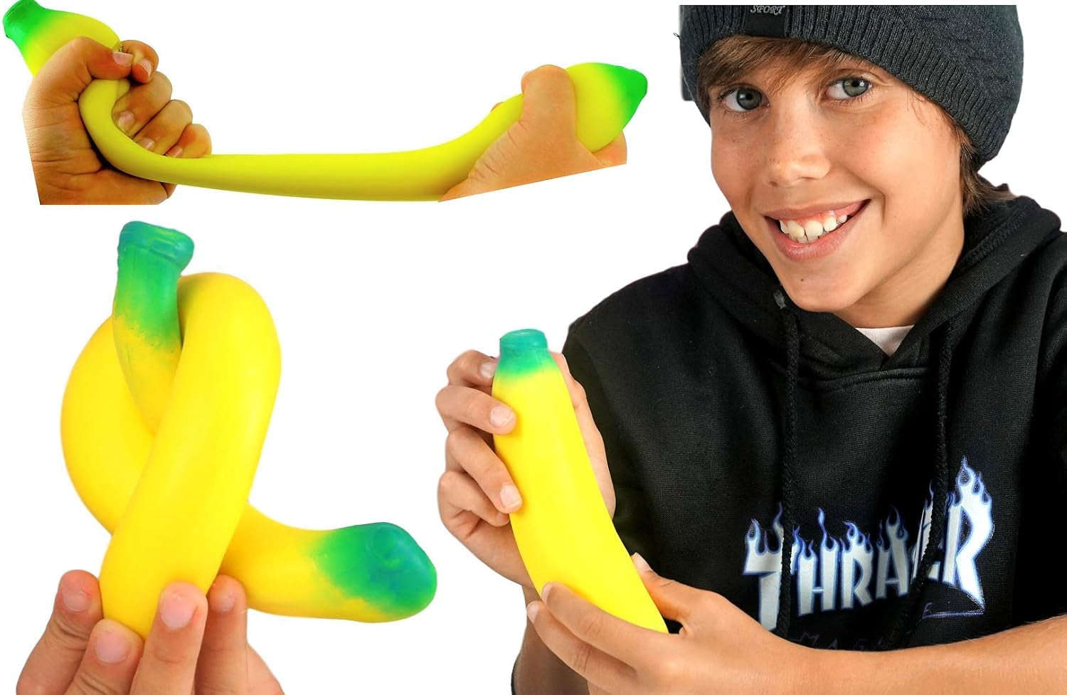 Stretchy Banana Toy (2 Pack) – Sand-Filled Squishy Banana Stress Toy for Kids, Fruit Squishies, Stretchy Fidget Toy for Stress Relief, Party Favors & Goodie Bag Stuffers. 3340-2P