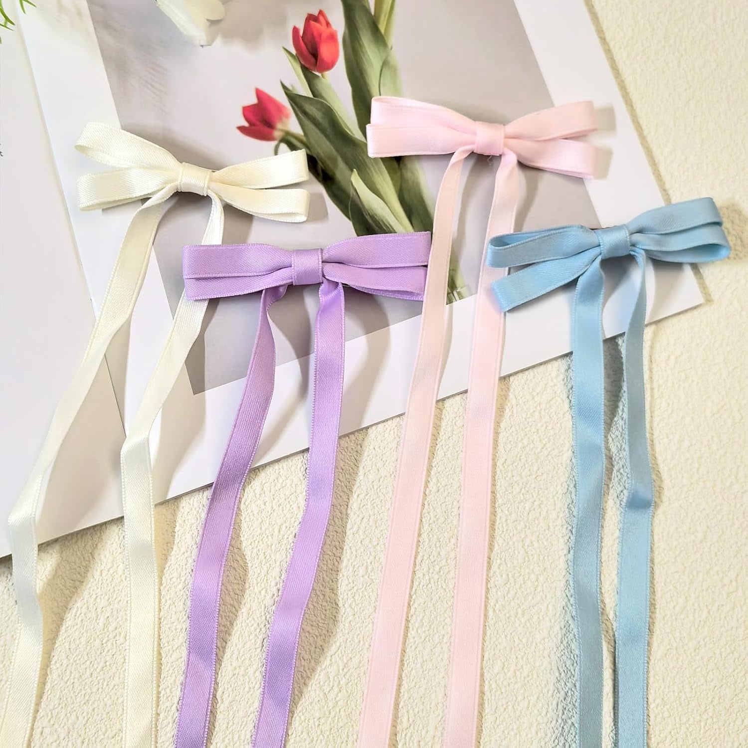 Double Hair Bows for Girls Cute Hair Clips for Women Long Tassel Hair Ribbon Hair Bow Clips Colorful Hair Ribbons Bows for Hair Clip Kawaii Hair Bow Clips Bowknot Metal Hair Barrettes Hair Accessories