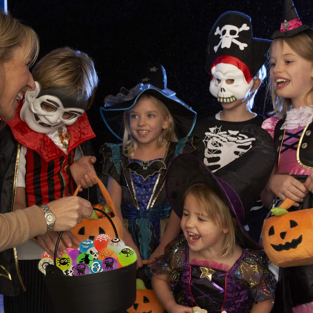 40 Glow in the Dark Bouncing Balls,Halloween Party Favors Supplies ,8 Halloween Theme Designs, Trick or Treating Goodie Bag Filler, School Classroom Game Rewards, Halloween Miniatures (With Pouch Bag)