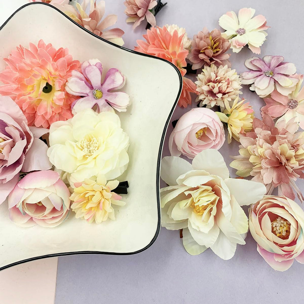 Boho Flower Hair Accessories - 21Pcs Hawaiian Artificial Rose Barrettes and Alligator Clips for Women, Wedding, Bridal Party