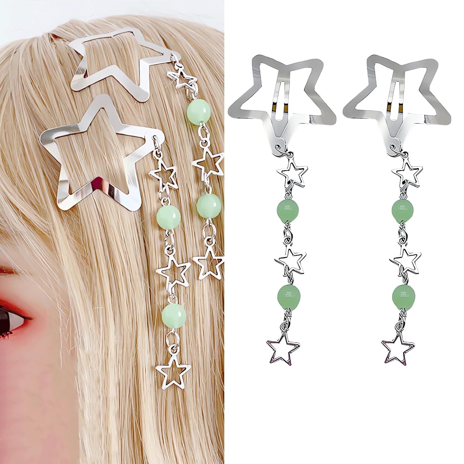 Star Hair Clips,Y2K Silver Cute Snap Hair Clips Metal Star Hair Barrettes,2 PCS Hair Accessories for Women Girls Hair Styling Gift(Green)