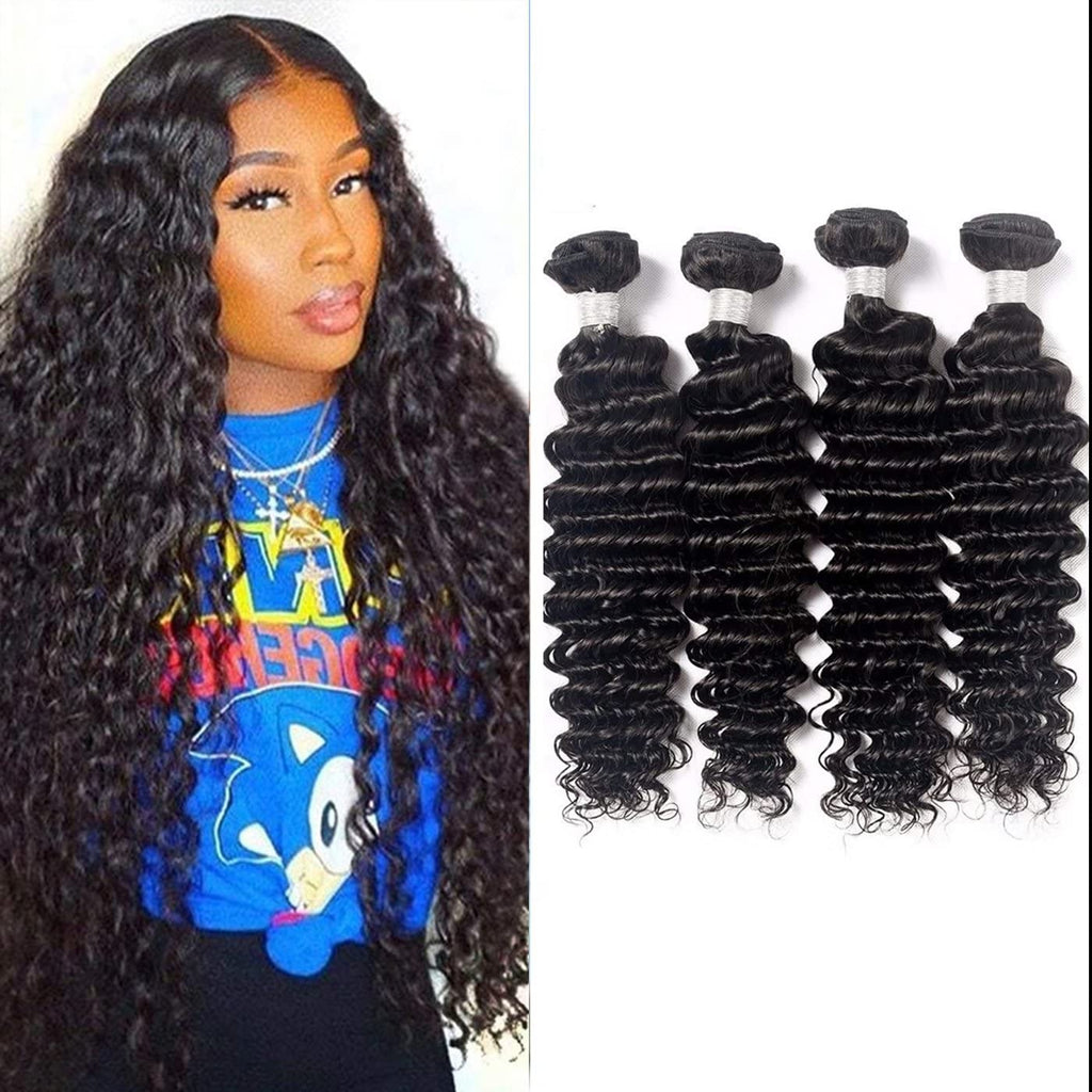 8A Braziliandeep Wave Human Hair 4 Bundles (14141616) Deep Wave Human Hair Bundles Deep Hair Weave Extensions Natural Color