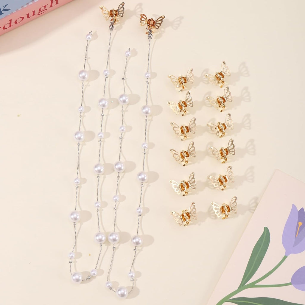 14Pcs Butterfly Hair Clips for Women & Girls, Gold Tassel with Pearl Mini Metal Clips - Christmas Hair Accessories