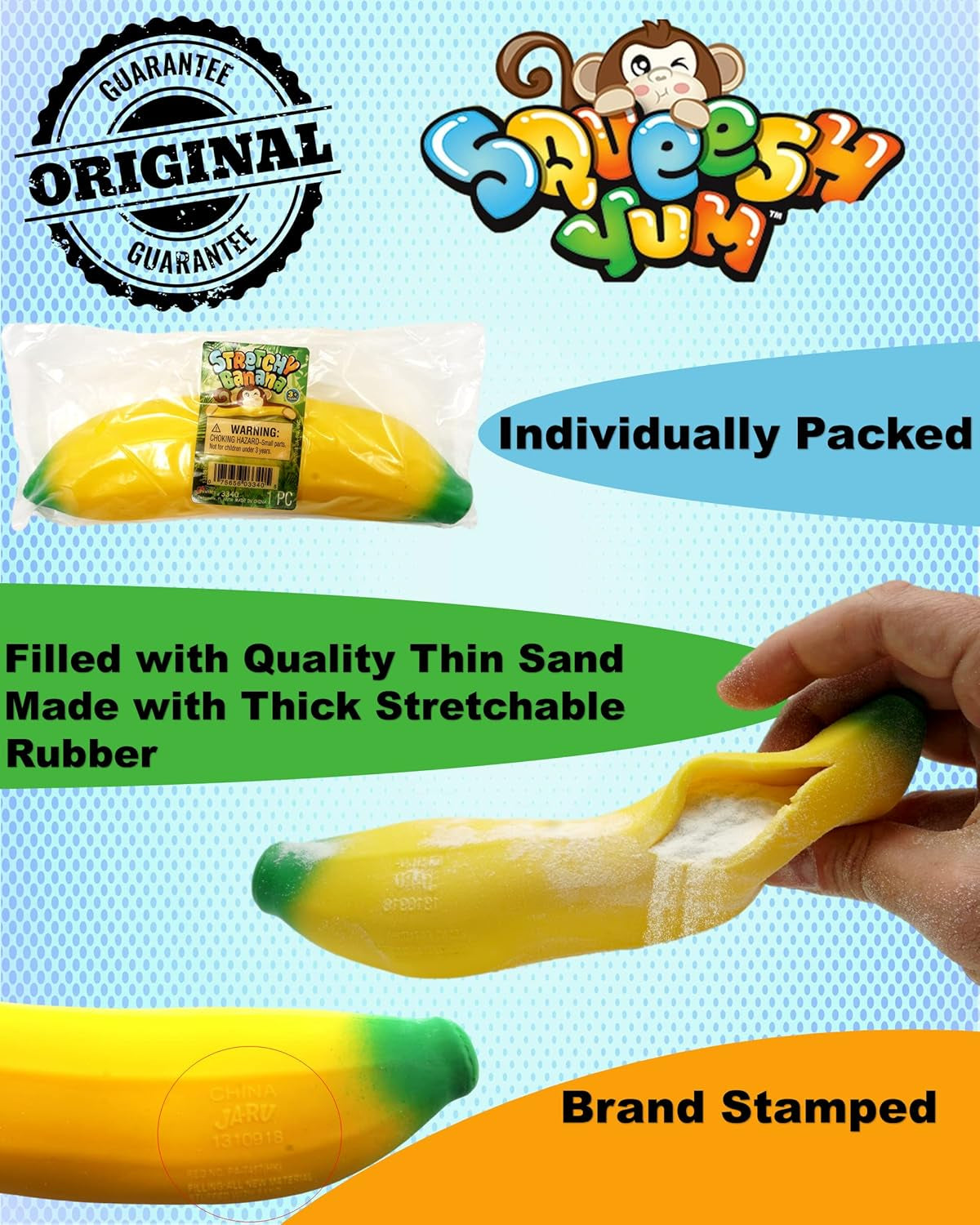 Stretchy Banana Toy (2 Pack) – Sand-Filled Squishy Banana Stress Toy for Kids, Fruit Squishies, Stretchy Fidget Toy for Stress Relief, Party Favors & Goodie Bag Stuffers. 3340-2P