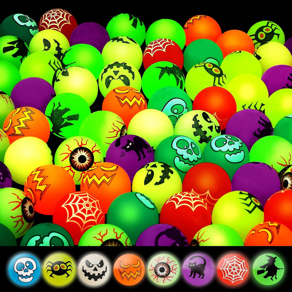 40 Glow in the Dark Bouncing Balls,Halloween Party Favors Supplies ,8 Halloween Theme Designs, Trick or Treating Goodie Bag Filler, School Classroom Game Rewards, Halloween Miniatures (With Pouch Bag)