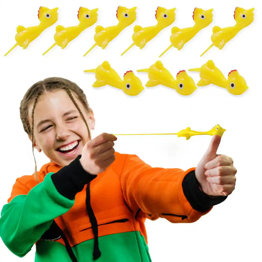 4 In. Slingshot Chicken Flying Finger Toys - Stretchy Rubber Flick Chicks Shooting Game (10-Pack)