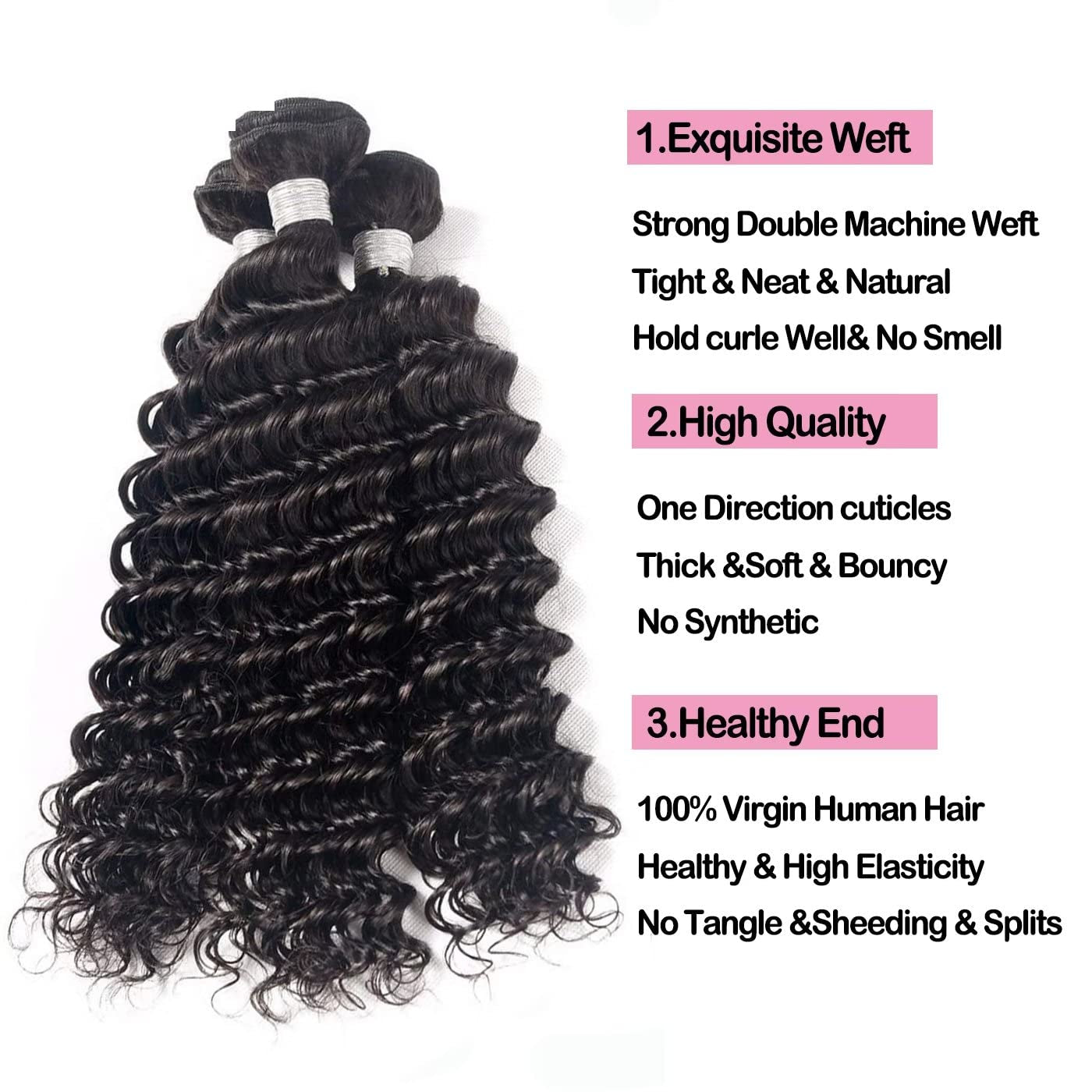 8A Braziliandeep Wave Human Hair 4 Bundles (14141616) Deep Wave Human Hair Bundles Deep Hair Weave Extensions Natural Color