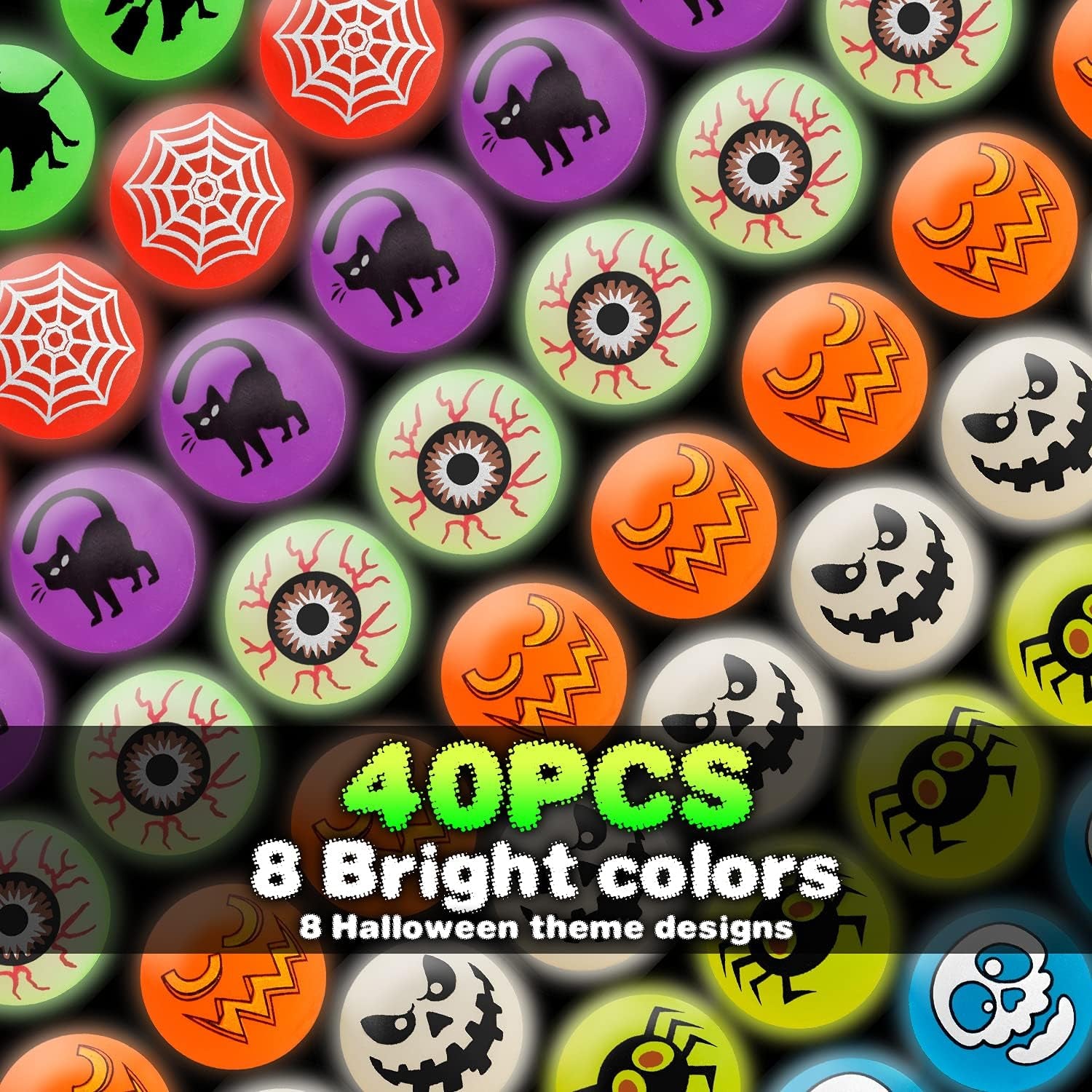40 Glow in the Dark Bouncing Balls,Halloween Party Favors Supplies ,8 Halloween Theme Designs, Trick or Treating Goodie Bag Filler, School Classroom Game Rewards, Halloween Miniatures (With Pouch Bag)