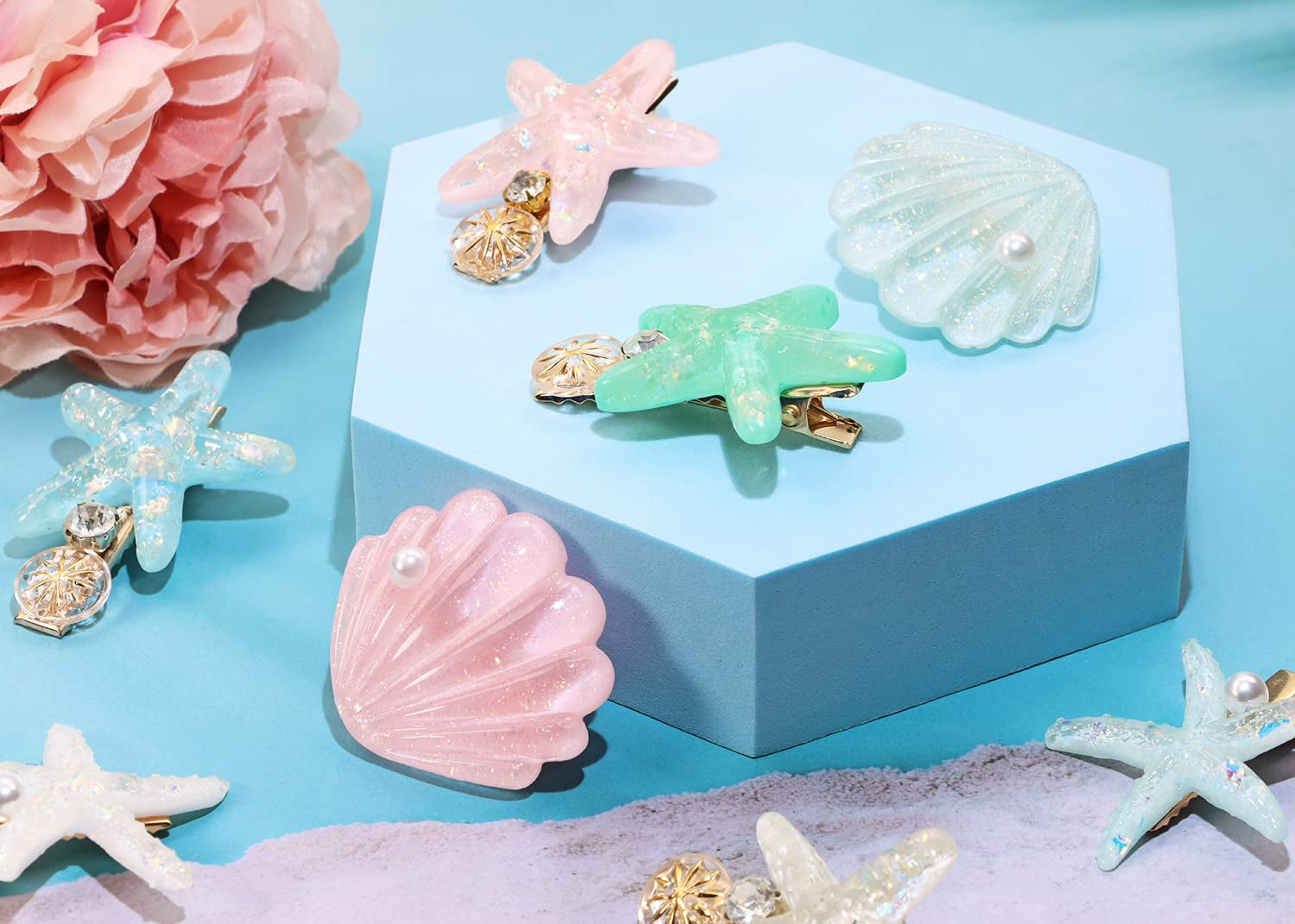 Shell Starfish Hair Clips Set  8Pcs Artificial Pearl Acrylic Resin Hair Alligator Clips Headwear Styling Tool Accessories for Women Girls Beach Wedding (Charming Style)
