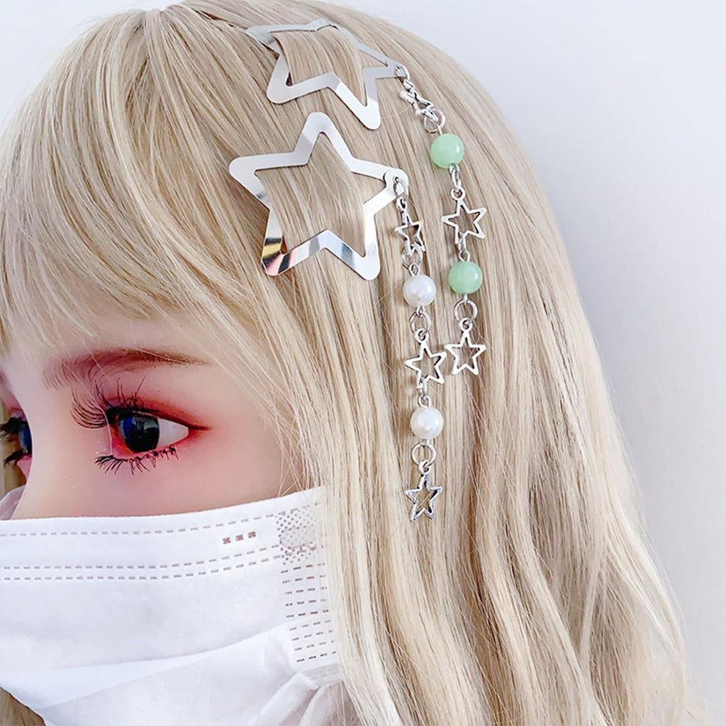 4Pcs Star Hair Clips，Y2K Silver Hair Barrettes，Cute Hair Clips Metal Star Hair Barrettes，Cute Tassel Metal Hair Pins，Hair Accessories for Women Girls Hair Styling Gift，Wedding Prom Hair Clip